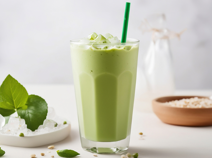 Two Leaves Nice Matcha matcha green tea latte in a glass with ice 