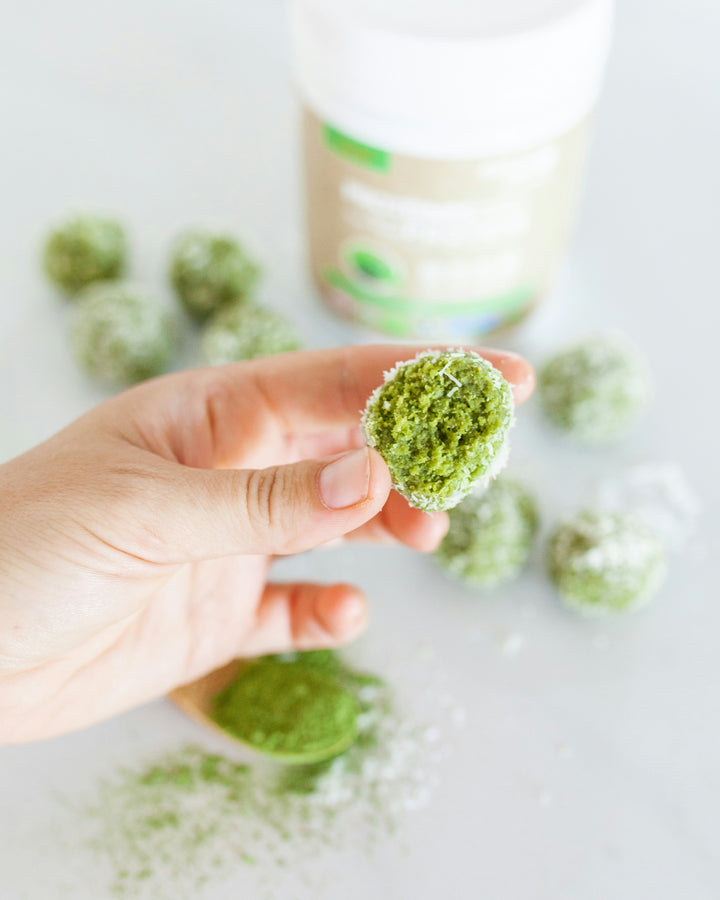 matcha energy balls rolled in matcha powder and coconut